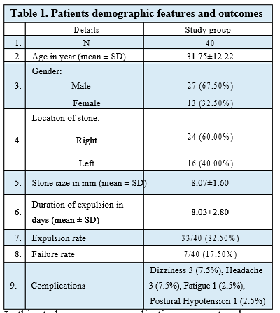 The Efficacy of Medical Expulsion Therapy in Distal Ureteric Calculi